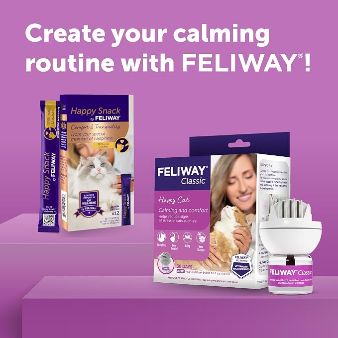 FELIWAY Classic 30 Day Cat Calming Pheromone Diffuser Kit & Happy Snack Delicious Calming cat Treats (12-ct Chicken Flavor)