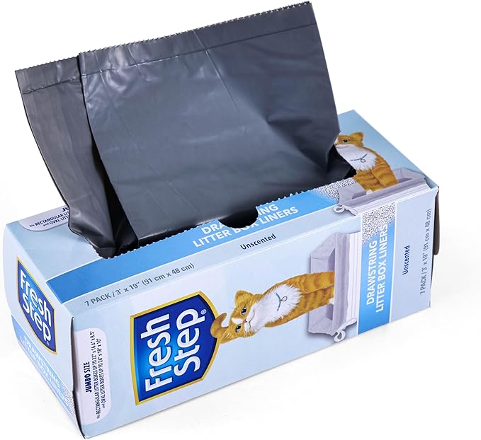 Fresh Step Jumbo Drawstring Cat Litter Box Liners Unscented Heavy Duty Kitty Litter Bags for X-Large Oval or Rectangle Pans Helps Contain Mess Easy Lift Out Cleanup 36 x 19 IN 7 Count Single Box