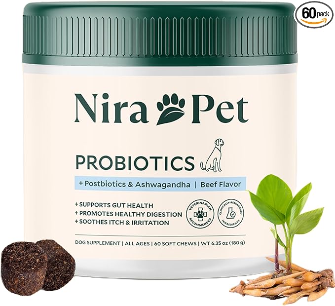 Nira Pet 5-in-1 Anti-Itch Probiotics for Dogs – 2 Strain Formula for Itching, Allergies and Gut Health with Colostrum, Postbiotics – 60 Beef Chews