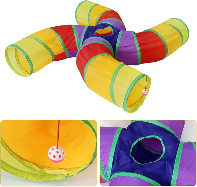 Bemodst S-Type Cat Tunnel, 2 Way/3 Way/4 Way/5 Way Collapsible S-Shape Small Animal Tubes Kitty Tunnels Interactive Maze House Toy with Storage Bag for Kitten Puppy Rabbit Guinea Pig (Rainbow-4 Way)