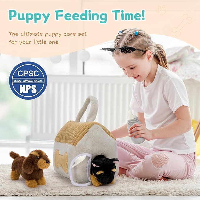 Muiteiur 8-Piece Dog House Plush Set, 9.8 Inch Plush Dog House Set with Cute 4 Puppies, Magic Gate, Bottle, Bed Pad & Bone, Interactive Pet Toy for Kids