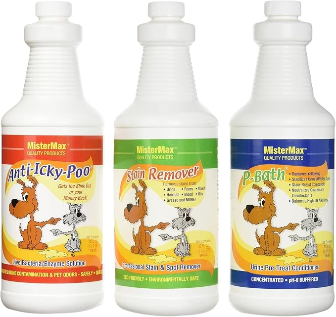 Mister Max Anti Icky Poo Pet Enzyme Cleaner - Cat & Dog Urine Odor Remover, Stain Remover, & P-Bath Urine Pre-Treat Conditioner - Complete Spray Set