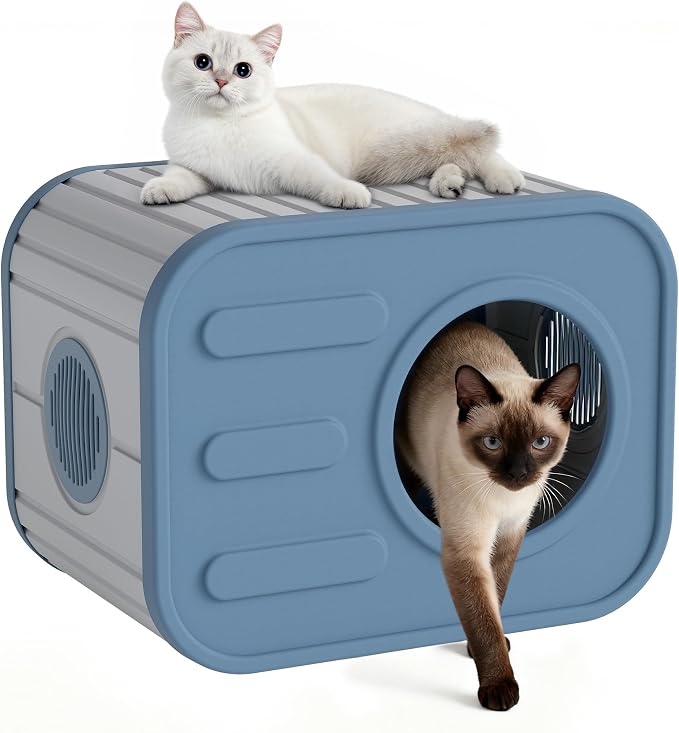 NUNU LAB Cat Litter Box Enclosure, Plastic Cat House Outdoor, Cats House for Indoor, Weatherproof Cat House, Camera Shaped Design, with Escape Door, for Small to Medium Cats (Blue)