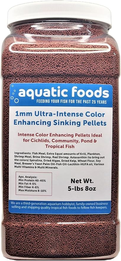 1mm - 1/32" Ultra-Intense Red Color Enhancing Sinking Pellets for Shrimp, Snails, Plecos, Catfish, Bottom Fish, Small Discus, Cichlids, All Tropical and Pond Fish…5-lb 8oz Lg Jar