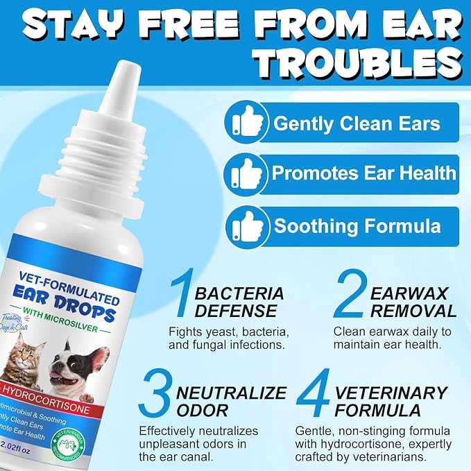 Redshine Ear Drops for Cats & Dogs-Dog Ear Infection Medication-Ear Mites Treatment-Dog Yeast Soothing Cleansing with 1% Hydrocortisone-Clean Pet Earwax-Mild and Effective (60ml+30 Cotton Swabs)