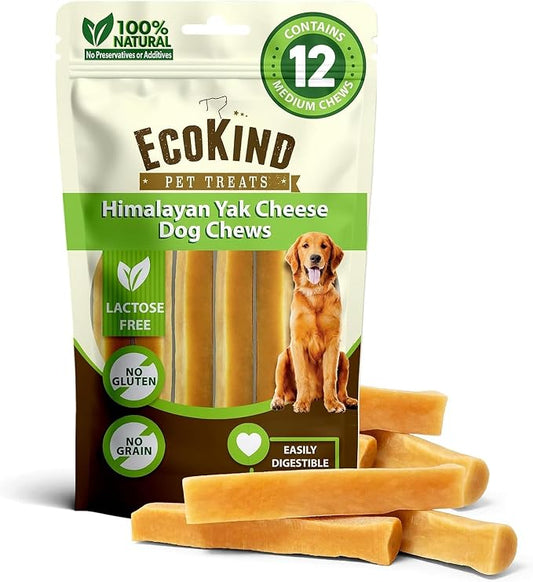 EcoKind Yak Cheese Himalayan Dog Chews, Yak Chews for Medium Dogs, Long Lasting Bone for Aggressive Chewers, 3 Ingredients, Natural High Protein Treats, No Additives, Lactose Free, Medium - 12 Chews