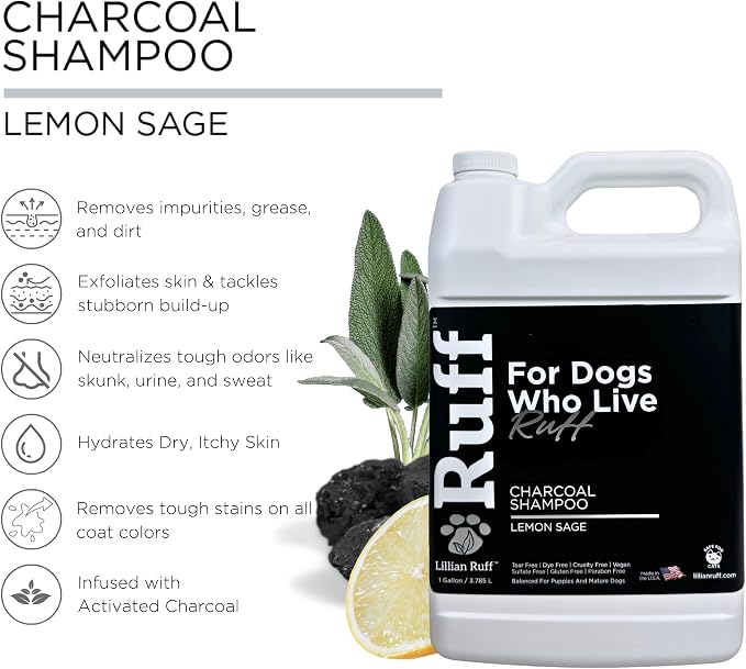 Ruff by Lillian Ruff Activated Charcoal Pet Shampoo – Lemon Sage – Deep Cleanser, Deodorizer & Stain Remover – Hydrates Dry Itchy Skin – Puppy & Dog Safe – USA Made (Gallon)