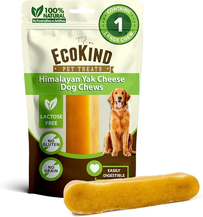 EcoKind Yak Cheese Himalayan Dog Chews, Yak Chews for Large Dogs, Long Lasting Bone for Aggressive Chewers, Only 3 Ingredients, Natural High Protein Treats, No Additives, Lactose Free, Large - 1 Chew