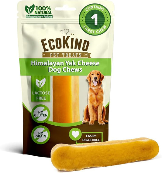 EcoKind Yak Cheese Himalayan Dog Chews, Yak Chews for Large Dogs, Long Lasting Bone for Aggressive Chewers, Only 3 Ingredients, Natural High Protein Treats, No Additives, Lactose Free, Large - 1 Chew
