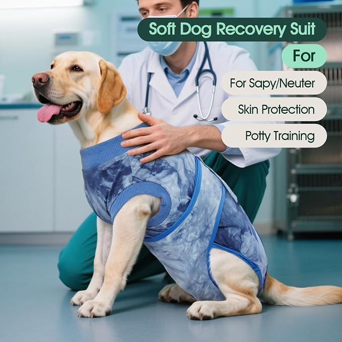 Kuoser Dog Surgery Recovery Suit, Anti Licking Surgical Suit for Dogs Male Neuter, Soft Dog Surgery Suit Female Spay Subsititute E-Collar Cone, Doggie Body Suits After Surgery Blue Tie Dye XL