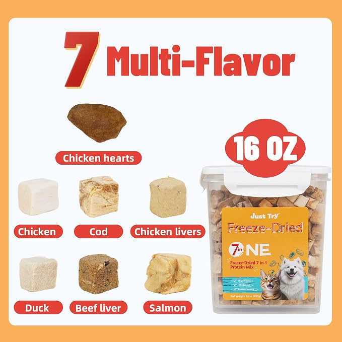 Just Try 16OZ Freeze-Dried Dog Treats Mixed Flavors for Dogs & Cats Raw Single Ingredient Chicken,Salmon, Beef Liver,Chicken Liver,Chicken Heart,Duck,Cod,High Protein Grain-Free Training Treats