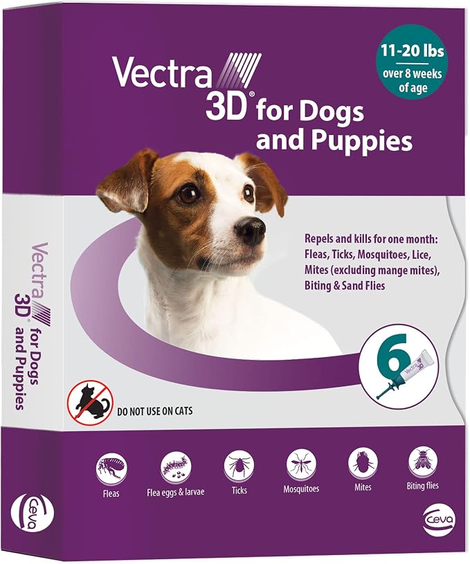 Vectra 3D Flea and Tick Prevention for Dogs, Kills and Repels Fleas, Ticks & Mosquitoes | Fast‑Acting, Waterproof, No Prescription Needed | Small Dogs 11-20 lbs, 6‑Month Supply