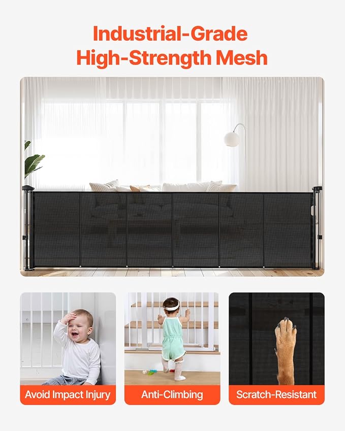 VEVOR Retractable Baby Gate, 34 inch Tall, Extends up to 110 inch Wide, Retractable Gate for Kids or Pets, Mesh Material, Easy to Install for Indoor Stairs, Doorways, Hallways, Playrooms, Black