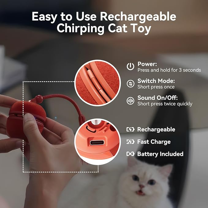 Cheerble 2 in 1 Interactive Cat Toys for Indoor Cats - Wicked Ball Duo2 Automatic Cat Toy, Dual Interchangeable Shells, Electric Moving Cat Ball with Tail & Chirping Sounds, Red