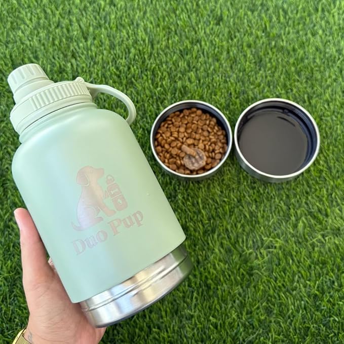 DuoPup 32oz Insulated Stainless Steel Pet Water & Food Bottle – Portable Leak-Resistant Dispenser with Two Detachable Bowls & Carrying Strap – Travel, Hiking & Outdoor Pet Hydration – LightGreen