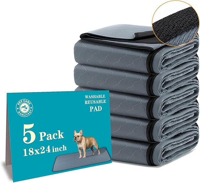 Bunlitent Washable Pee Pads for Dogs 5 Pack, 18x24, Reusable Puppy Pads, Washable Potty Pads with Quick Dry, Anti-Slip Dog Cat Pee Pads, Whelping Pads, Puppy Mat