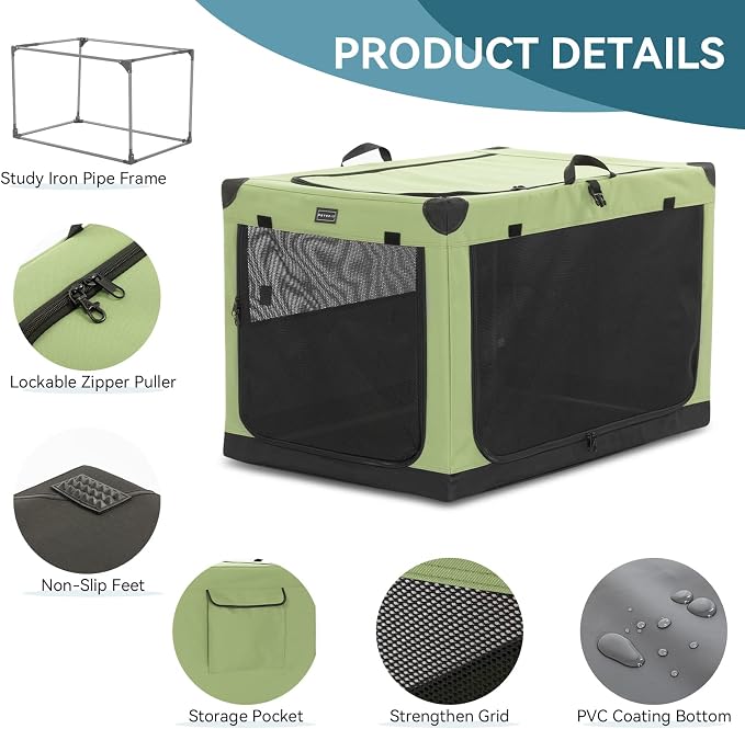 PETSFIT 26" Soft Portable Dog Crate – Patented Spiral Sturdy Frame, Collapsible Travel Kennel for Small Dogs, 3 Mesh Door, Lockable Zippers, Indoor & Car Use Green
