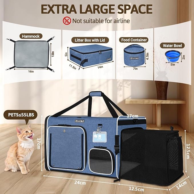 Petskd Side Expandable Extra Large Cat Car Carrier with Collapsible Litter Box for Long Distance Travel,24"x17"x17" Portable Soft Sided Pet Carrier with Roller Shades for 2 Cats Up to 55LBS(Blue)