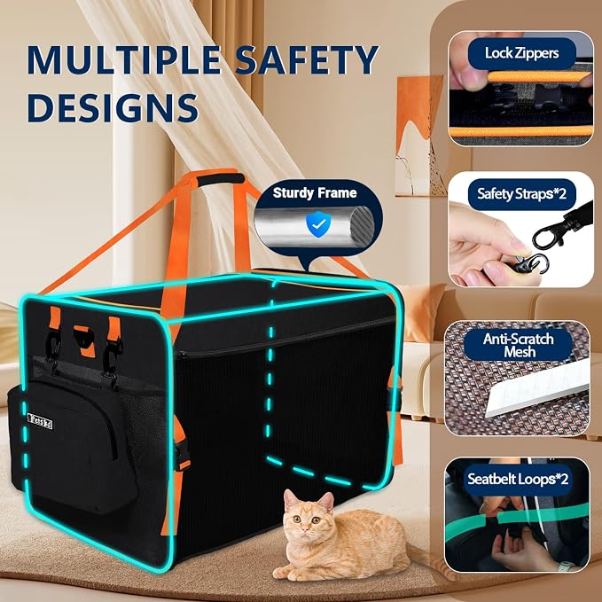 Petskd Extra Large Cat Carrier with Litter Box for Car Travel,24"x17"x17"Portable Soft-Sided Pet Carrier with Zipper Locks for Large Mudium Cats or 2 Small Cats Under 55LBS(Black)
