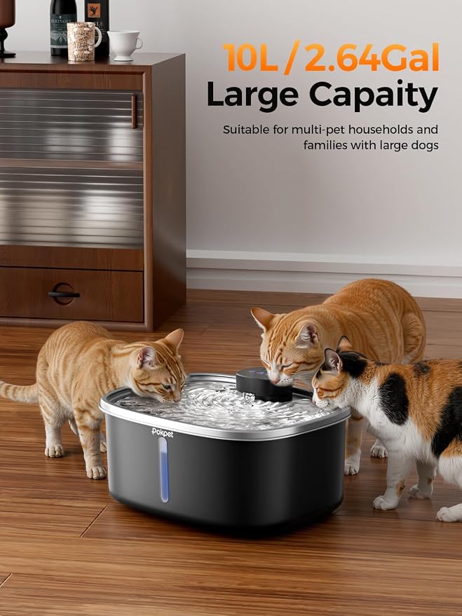 Dog Cat Water Fountain Doggy Spout Water Bowl, Stainless Steel, Large Dog, Fresh Flow, 10L Pet Dispenser with Deeper Wider Drinking Area, LED Window, Multi-Filtration - Wireless 1Filter