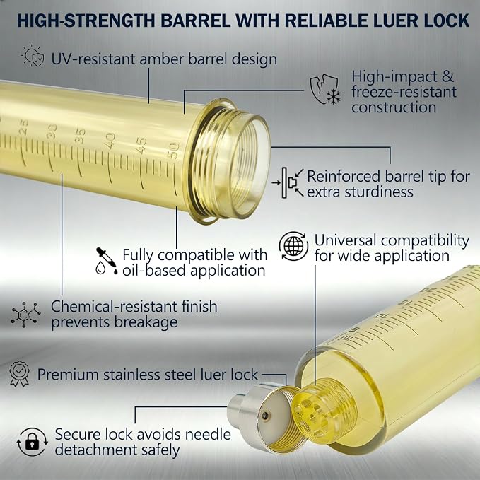 50mL Semi Automatic Livestock Syringe Adjustable Dosage Repeater Injector (1-5mL) with Luer Lock Tip for Cattle, Sheep, Goats & Pigs Continuous Injection Gun for Farm Herd, Blue