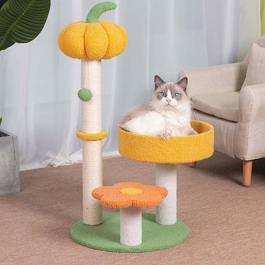Cat Tree Post, 29.5" Pumpkin Flower Cat Tower Kittie Flower Kitten Nest with Sisal Post, Cozy Fluffy Cat Condo 3 Pillars Kitten Climbing Scratcher for Indoor Activity