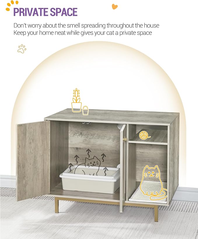 Hzuaneri Cat Litter Box Enclosure Enclosed, Hidden Litter Box Cabinet Furniture with Storage, Wooden Indoor Cat House Large, Modern End Table for Living Room Entryway, Greige and Gold CB01505G