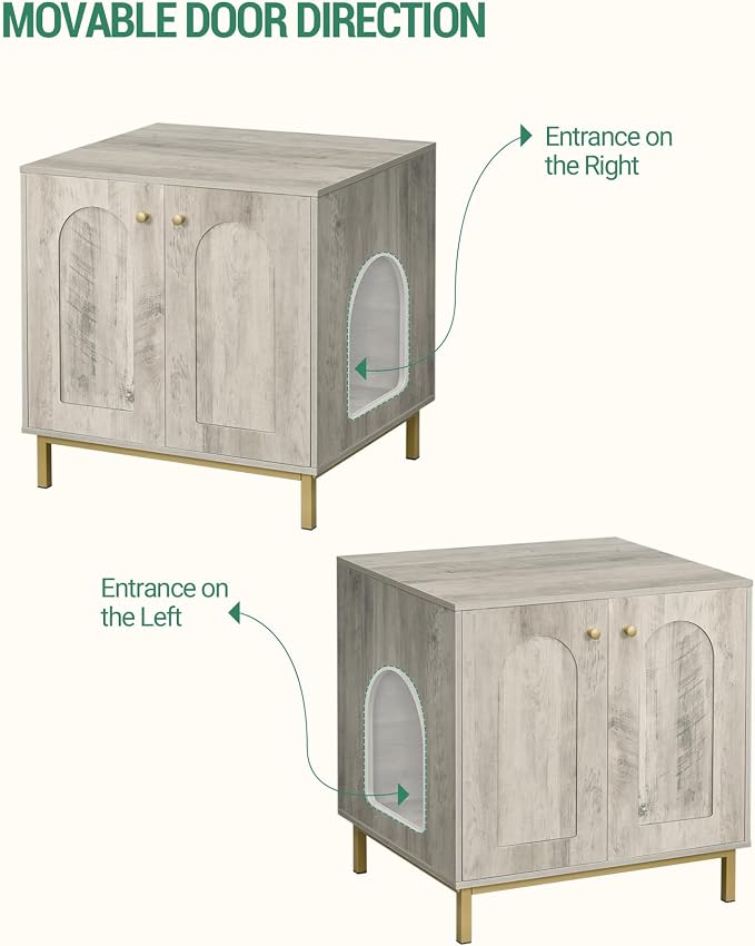 Hzuaneri Cat Litter Box Enclosure, Hidden Litter Box Furniture Cabinet, Wooden Indoor Cat House, Side End Table, Living Room, Bedroom, Greige and Gold CB81205G