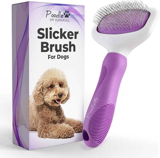 Poodle Pet Bundle - Dematting Fur Rake Comb Brush Tool with Steel Safety Blades for Detangling Matted or Knotted Undercoat Hair and Slicker Brush for Small and Large Dogs Pet Hair Remover