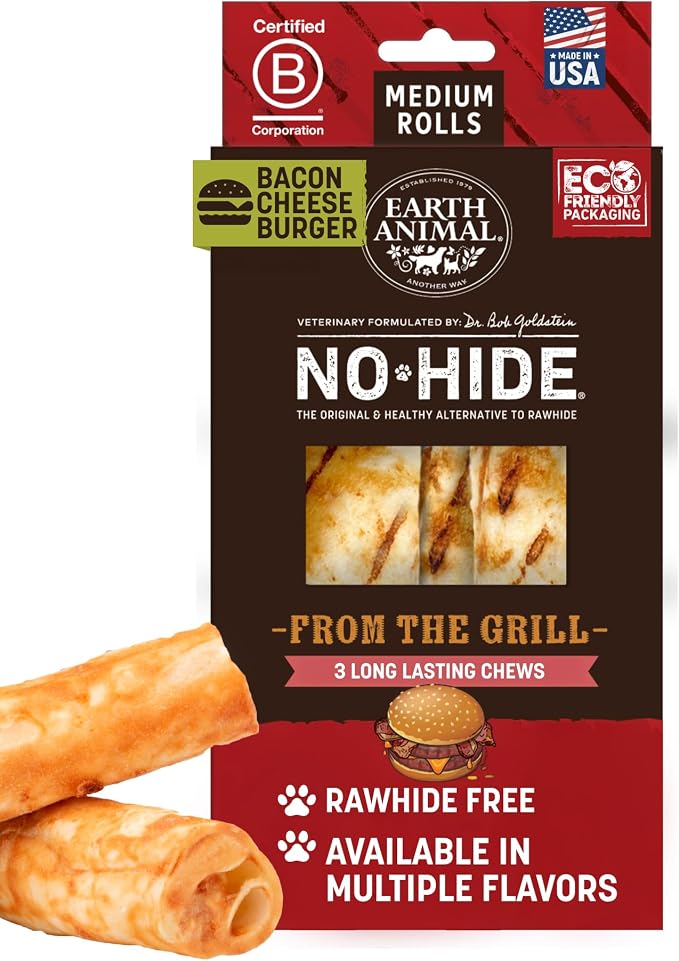 Earth Animal No Hide Chews - from the Grill Rolls Bacon Cheeseburger Flavor Rawhide Free Medium Dog Chews - 3 Count