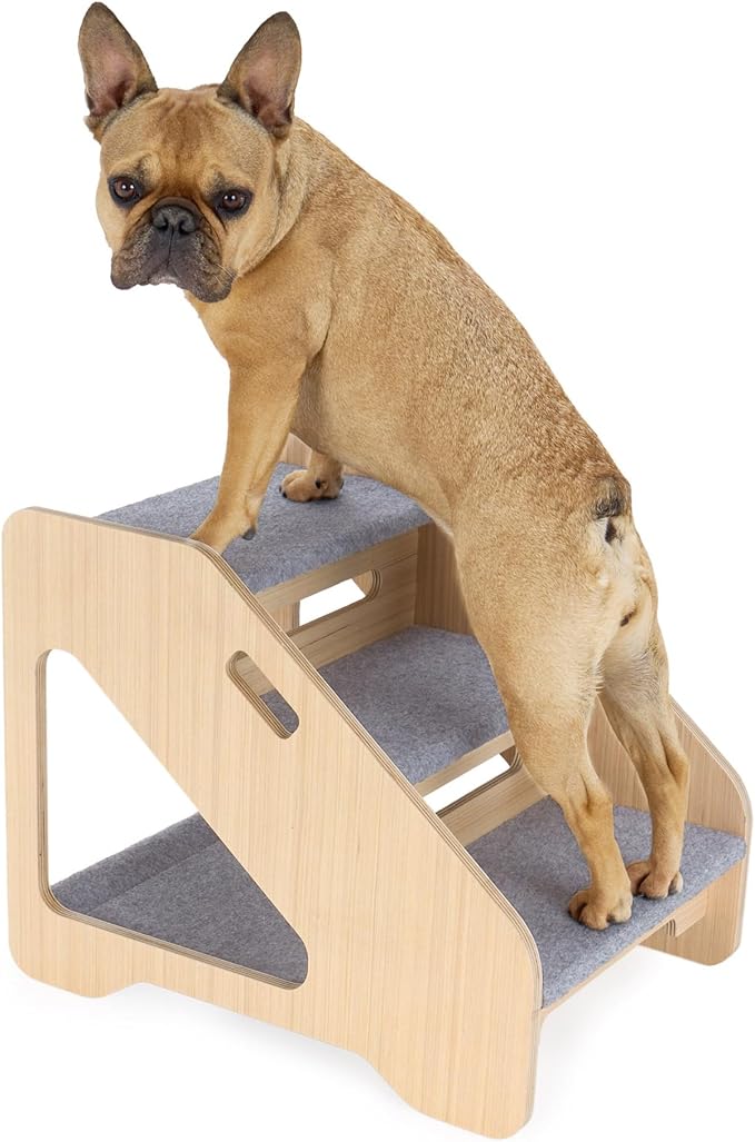 FurHaven Steady Paws 3-Step Pet Stairs – Plush Faux Fur Dog Steps for Bed and Sofa, Small Dogs & Cats, Natural/Gray