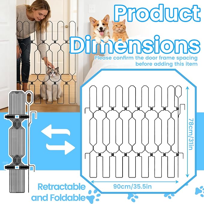 Retractable Dog Gate for Front Door, Bite-Proof Metal Pet Dog Barrier, Foldable Space-Saving Wall-Mounted for Front Door & Rv, Easy Install Dog Gate, Indoor/Outdoor (W: 35.5in H: 31in)