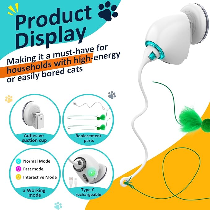 Interactive Cat Toys for Indoor Cats, Automatic Flying Feather Wand, Suction Cup Design, USB Rechargeable, Wall-Mounted Hanging Cat Toys for Bored Indoor Adult Cats