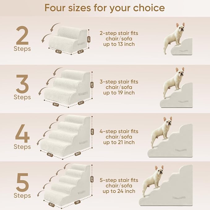 PAWSCRAT Pet Stairs for Dogs 3-Step, 15.7" H Pet Stairs for High Bed, Couch Sofa & Chair, 30D Material Soft Foam Dog Steps with Non-Slip Bottom Surface Removable Washable Cover, Beige