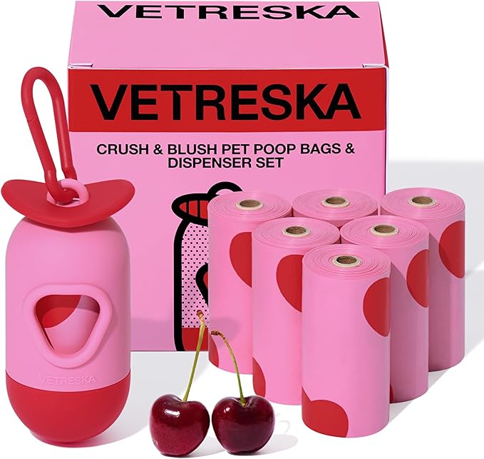 VETRESKA Dog Poop Bag Dispenser with Smoked Cherry Scented Poop Bags, Leak Proof and Extra Thick Pet Waste Bags, 1 Poop Bag Holder and 105 Bags for Dog Walking and Cats Litter