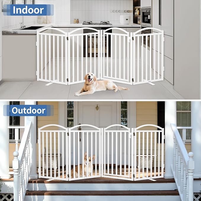 Malier Metal Freestanding Dog Gates with Door, 32'' Height Outdoor Indoor Dog Fences, Extra Wide Foldable Puppy Gate for Stairs (White, 【4 Panels with Door】 80''W × 32''H)