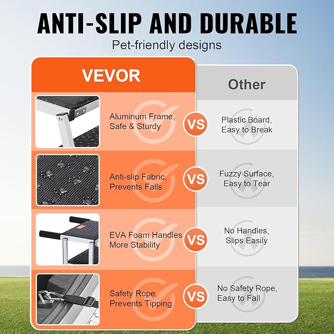 VEVOR Dog Stairs for Car Extra Wide 4-Step Large Dogs, Folding Dog Car Ramp with Nonslip Surface, Portable Pet Steps Lightweight Aluminum for Car, SUV and Truck, Supports up to 250 lbs