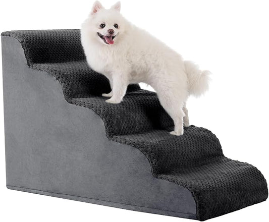Dog Stairs Ramp, Curved 5-Step Dog Steps for Small Dogs and Cats, Pet Stairs for High Beds and Couch with Anti-Slip Washable Cover and Durable High Density Foam, Dark Grey