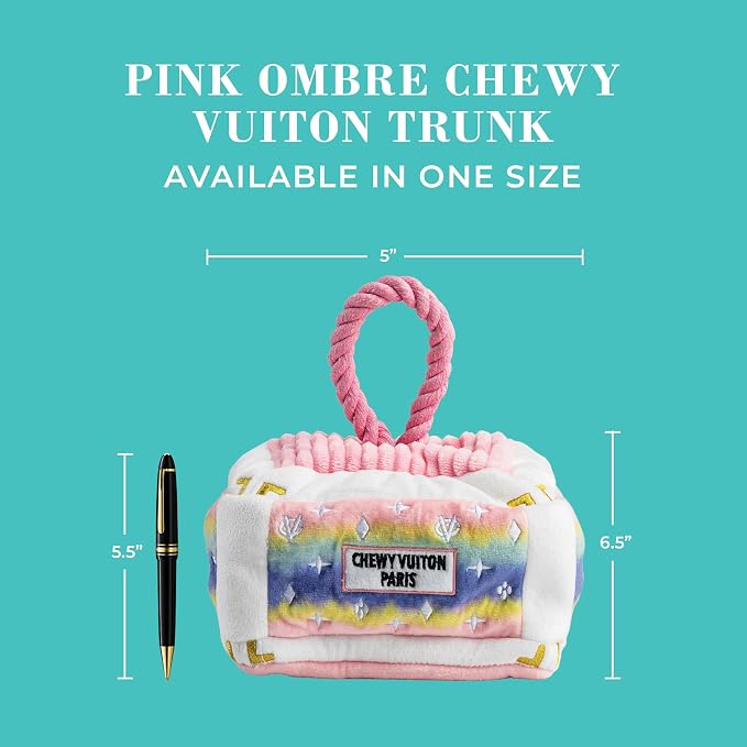 Haute Diggity Dog Chewy Vuiton Trunk Puzzle with 3 Plush Squeaky Dog Toys, Soft Durable Designer-Inspired Stuffed Puppy Chew Toys for Small & Medium Dogs, Machine-Washable (Pink Ombre) One Size