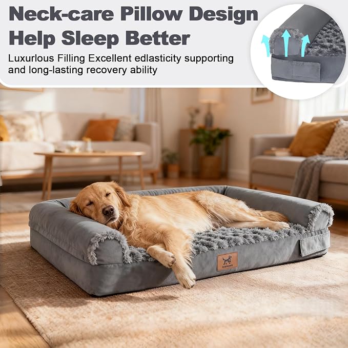 XXL Orthopedic Dog Bed - Breathable Egg-Crate Foam Sofa Couch with Bolster, Water-Resistant Liner & Washable Rose Velvet - Ideal for German Shepherds, Boxers, Dark Gray(48'' x 30'')