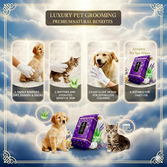 Premium Pet Grooming Glove Wipes for Dogs & Cats, 3X Thick No-Rinse Bathing Gloves, Hypoallergenic Deodorizing Paw & Body Cleaner, Grooms Hydrates & Nourishes, 20 Count, Lavender Scent