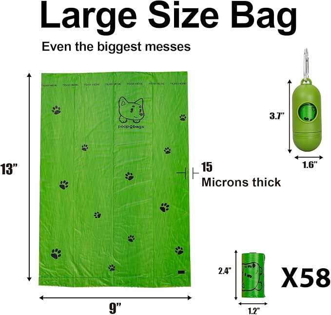 Scented Dog Poop Bags With Dispenser, Strong and Leak-proof Waste Bags for Pets, 870 Count (58 Packs of 15), 13 Inch x 9 Inch (Green)