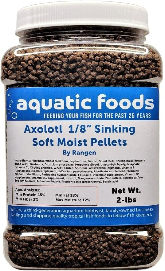 Axolotl Food 1/8" Soft Moist Sinking Salmon Pellets for Juvenile Axolotl Also Shrimp, Snails, Crabs, Crayfish, Bottom Tropical Fish...2-lb Med Jar