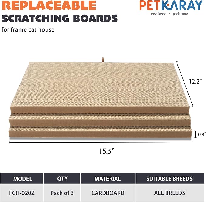 PETKARAY Replacement Scratching Boards for Frame Cat House, Cardboard Scratch Pad for Indoor Cats, Pack of 3
