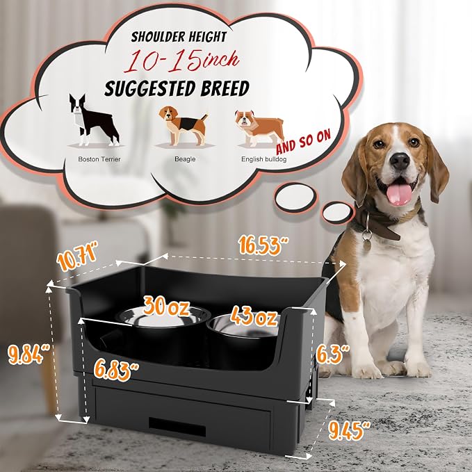 Mess Proof Raised Dog Bowls,Elevated Dog Bowl Stand Set 2 Stainless Steel Food Bowls,Splash Water Collection Non-Slip Medium Sized Feeding Table