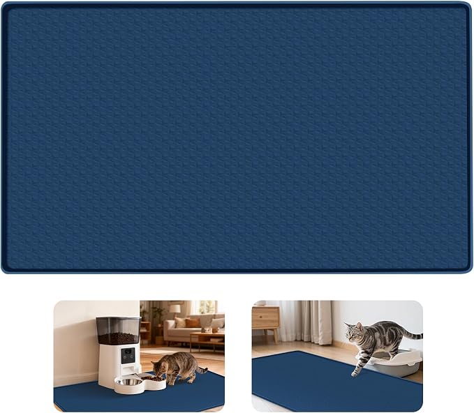 Cat Food Mat, 51" x 25.6" Extra Large Silicone Pet Feeding Mat with Raised Edge Pet Placemat for Food and Water Bowl Non-Slip, Easy to Clean, Floor Protection (Navy Blue)
