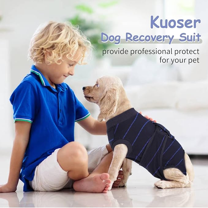 Kuoser Dog Surgery Recovery Suit, Soft Breathable Dog Recovery Suit for Female Spay Male Nueuter, Anti Licking Puppy Onesie Pet Surgical Suit for Dogs Abdominal Wounds Skin Disease, Blue Strips S