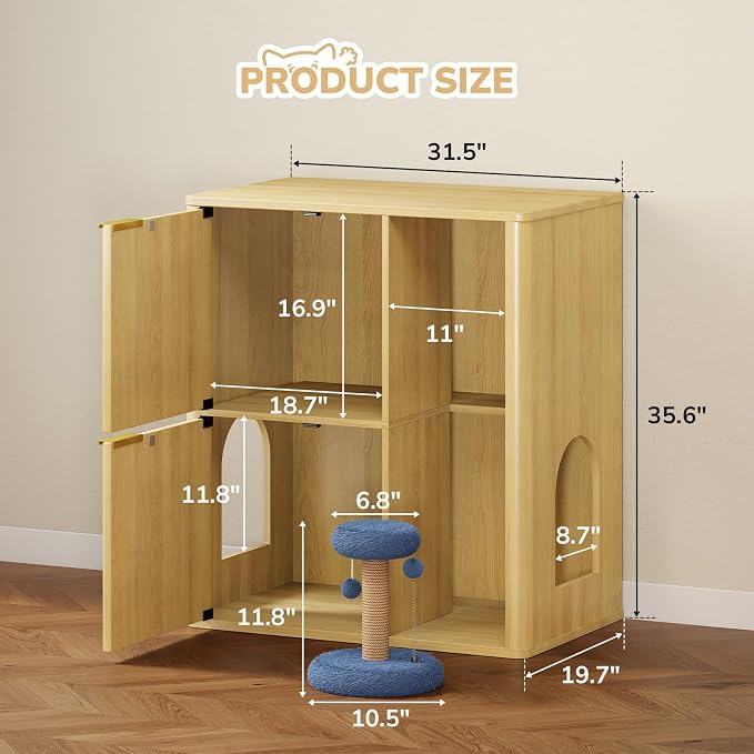 Rovibek Double Cat Litter Box Enclosure Furniture, Fluted Hidden Litter Box Enclosure for 2 Cats with Double Room, Mid Century Dual Cat Litter Cabinet with Scratching Post, Dangling Ball, Natural