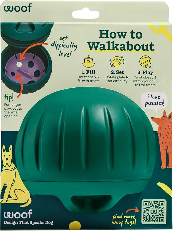 WOOF Walkabout - Enrichment Dog Toys Puzzle and Treat Dispenser - Adjustable Difficulty for Kibble and Treats - Durable Rubber - Easy to Clean - Large