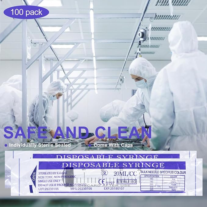 Bulk 100 Pack 20ml Plastic Large Syringes with Tip Cap, Measuring Syringe for Scientific Labs, Feeding Pets, Measurement, Refilling, No Needle, Individually Sterilized Sealed